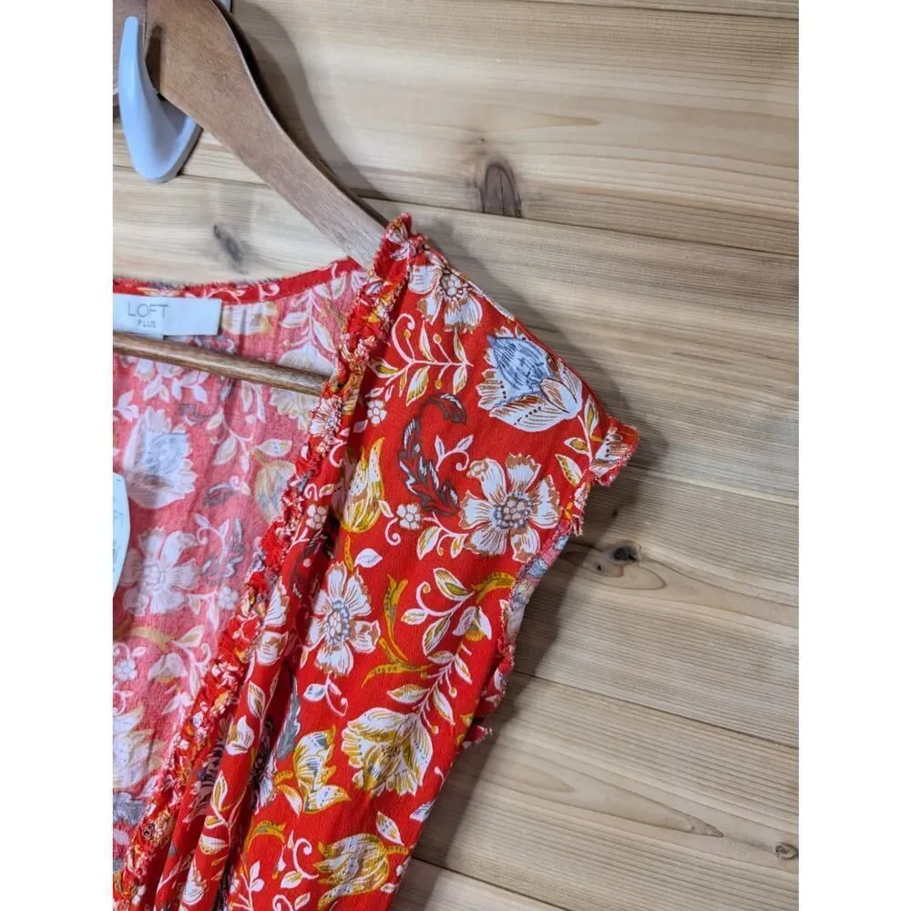 Loft Dress Womens 20 Red Floral‎ Wrap Front Midi Spring Fall NWT